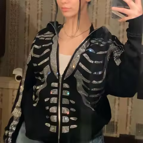 Hot Skeleton Rhinestone Women Goth Zip Up Hoodie Sweatshirt Gothic Long Sleeve Oversized Hoodie Y2k