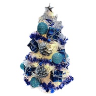 [特價]摩達客 台製1尺白色聖誕樹-雪藍銀松果系+LED20燈銅線燈(暖白光/USB電池兩用充電)