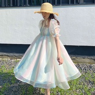 Backless Designer Kawaii Dress Women French Fairy Sweet Puff Sleeve Midi Rainbow Dress Korean Style Slim Sexy Summer Dre