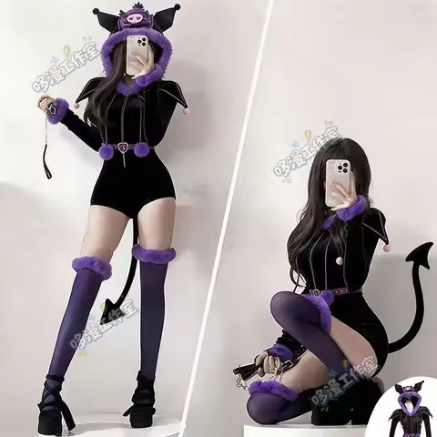 Anime Kuromi Cosplay Costume Woman Cute Hooded Plush Jumpsuit Little Devil Pajamas Halloween Perform