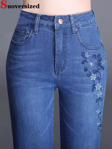 Embroidery Design Skinny Pencil Jeans Women Vintage High Waist Stretch Denim Pants Korean Fashion St