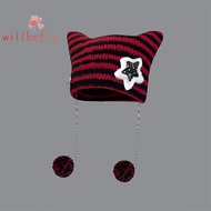 [WillBeRedS] Autumn Winter Cat Ears Pointed Pullover Women Hats Y2K Cute Star Devil Knitted Beanie Hat Ins Skullies Striped Knitg Wool Cap [NEW]