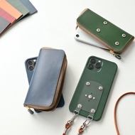 附圓形拉鍊收納袋手機殼【義大利皮革】旋轉式 手機掛繩 手帳型 真皮 雙手機 BH02K