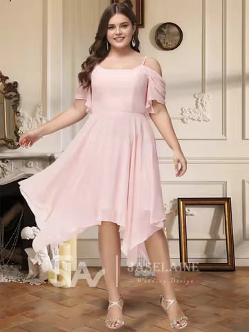 OA Women Bridesmaid Dress A-Line Square Asymmetrical Chiffon Ruffle Spaghetti Straps Wedding Guest E