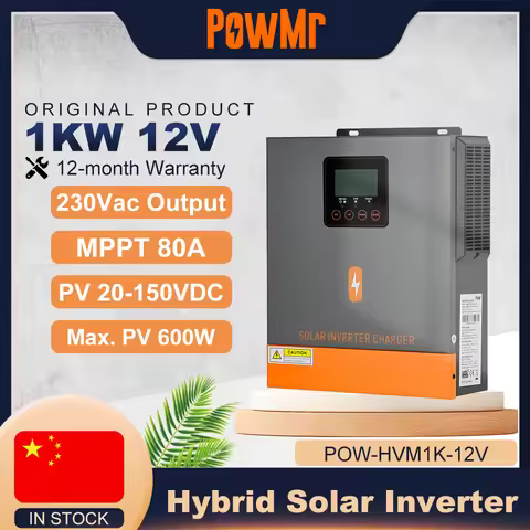 PowMr 1KW 12V to 220Vac Hybrid Solar Inverters Max 150VDC Solar Panel With Pure Sine Wave 80A MPPT S