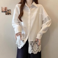 99288-Women's new polo collar white long-sleeved shirt, unique lace-trimmed top, high-end feel, loos