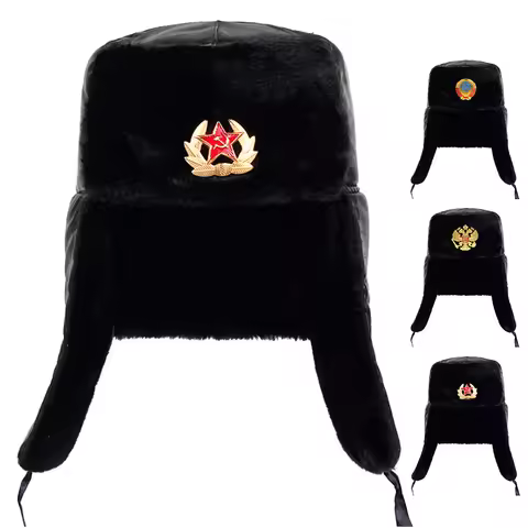 Soviet Army Military Badge Russia Ushanka Bomber Hats Pilot Trapper trooper Hat Winter Faux Rabbit F