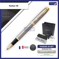 Parker IM Rollerball Pen - Steel Gold Trim Brushed Metal (with Black - Medium (M) Refill) / {ORIGINAL} / [KSGILLS Gifts]