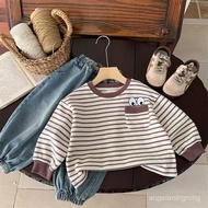 Sales Over 10,000 Children's Long-Sleeved T-Shirt Stripes Loose Cartoon Printed Bottoming Shirt Spri
