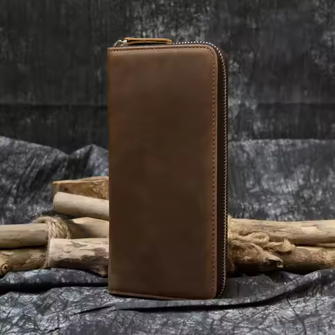 Men's crazy horse Leather long wallet Zip around genuine leather wallet Phone case purse with coin p