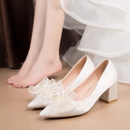 Giày Cao Gót Mũi Nhọn 5P Nơ Ren Phồng To Cực Xinh MÃ A1NR