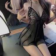 Super beautiful and sexy see-through lace nightgown with slit, seductive backless women's home dress