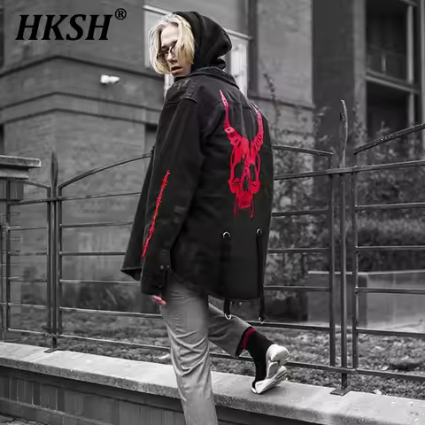 HKSH Men's Tide Punk Spring And Autumn New Print Jackets Loose Size Skull Denim Coat Fashion Dark Si