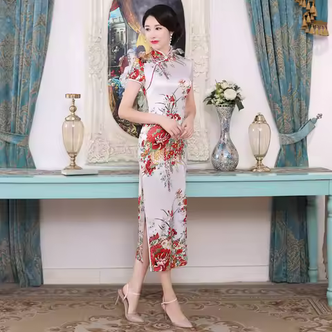 White Chinese Women Qipao Plus Size 3XL Vantage Print Flower Cheongsam Stain Long Slim Dresses Elega