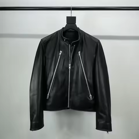 Men's Leather Jacket Short Stand Up Collar Haining Sheep Leather Autumn and Winter Leather Jacket Ja