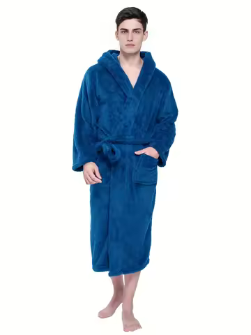 Cozy Coral Velvet Robe - Men's Soft Long Hooded Pajamas for Home, Lounge & Sleepwear. Perfect After