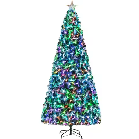 6-8-9-10ft Fiber Optic Christmas Tree, Pre-Lit Artificial Xmas Tree with Multicolor Changing Light, 