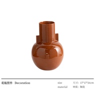 Rzone French Mid-century Ceramic Flower Vase Designer Artistic Bouquet Decoration Brownish Yellow De