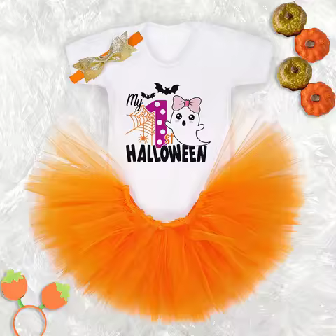 My 1st Halloween Print Baby Bodysuit Dress Set Halloween Party Girl Outfit Dresses Tutu Cake Smash O