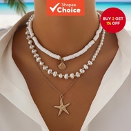 3Pcs Boho Beach Necklace Set with Starfish Shell Pendant and Faux Pearl Choker for Women Trendy Laye