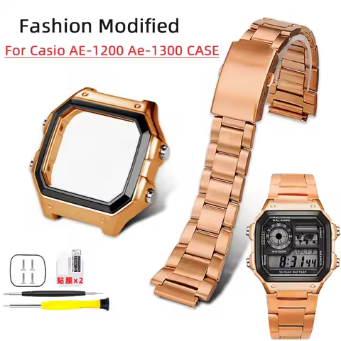 Ae1200 Rose gold For Casio Case Kit Modified Metal AE-1200 Ae-1300 Bezel Glass Strap Ring Stainless 