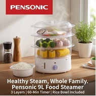 Pensonic 9L 3-Tier Food Steamer 800W 60-Min Timer Auto Shut-Off Rice Bowl PSM-1603
