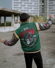 Jaket Bomber Pria Varsity Outlaw BGSR Fleece Motif Bordir Full Zip - Hijau Coklat Premium