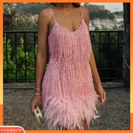 Women Dress Tassel Sequin V Neck Sleeveless Backless Feather Decor Loose Rumba Cha-cha Dance Costume