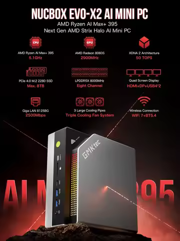 GMKtec EVO-X2 AI Mini PC AMD Ryzen Al Max+ 395 128GB LPDDR5X 8000MHz 2TB PCIe 4.0 SSD 2.5G LAN WiFi 