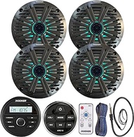 Kicker All-Weather Marine Gauge Style Bluetooth USB Stereo Receiver Bundle with Wired Remote, 4X 6.5 2-Way 195W Max Coaxial Marine LED Speakers w/Remote, Charcoal Salt Water Grilles, Wire, Antenna