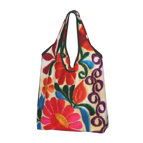 Custom Mexican Flowers Embroidery Art Groceries Tote Shopping Textile Floral Folk Shoulder Shopper B