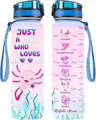 34HD Axolotl 32oz Water Bottle, Cute Motivational Bottle for Women, Gym Bottle with Time Marker, Hyd