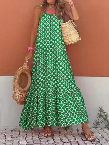 Women's Sleeveless Long Boho Dress Summer Loose Print Spaghetti Strap Flowy Dresses Bohemian Sundres