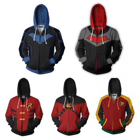 Superhero Nightwing Robin Cosplay Hoodie Costume Sweatshirt Halloween Zipper Outerwear Casual Hoodie