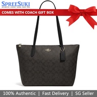 Coach Handbag In Gift Box Tote Shoulder Bag Zip Tote In Signature Canvas Brown Black # 4455