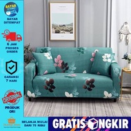 COVER SOFA SEATER Sarung SOFA stretch elastis motif LEAVES bonus 1 buah sarban / cover sofa bed / co