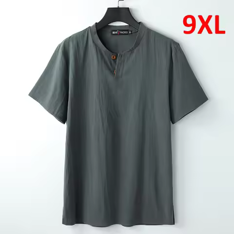 9XL Linen T-shirt Men Summer Solid Color Tshirt Fashion Casual Linen Tees Tops Male Henley Collar T 