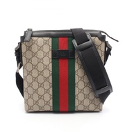 【二手】Gucci GG Supreme 織帶平底斜背包 471454 米色/黑色 PVC 塗層帆布皮革