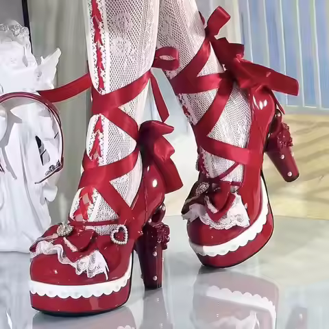 Original Sweet Lolita High Heels Big Size 42 Japanese Style Cosplay Women Leather Shoe Red Rhineston