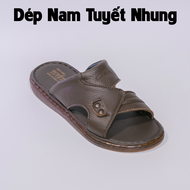 Dép da nam quai ngang màu vàng/nâu khâu viền chắc chắn mẫu chéo 2 nút MS19