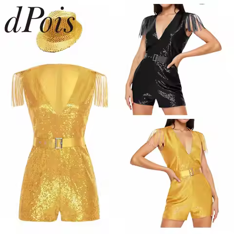 Womens 60s 70s Sequin Tassels Jumpsuit + Hat Disco Outfit Unitard Jazz Dance Costume Fashion Stage P