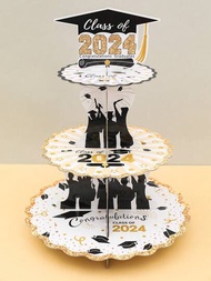 1入組2024紙質畢業蛋糕架3層杯子蛋糕架，生日派對裝飾婚禮配件畢業派對裝飾，假日蛋糕裝飾