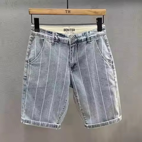 Summer Casual Men's Denim Knee-Length Shorts Solid Color and Striped Loose-fit Shorts Youth Jeans De