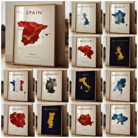 Europe Map PRINTED Poster Blue Red and Gold Wall Art Print | Spain UK France Map Home Decor Geograph