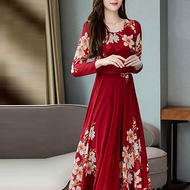 Limea Plus Size Dress For Women Formal Wedding Dress For Ninang Sale Fashion Women O-Neck Long Sleeve Long Dress Ladies Floral Print A-Line Dress Polyester (Green)