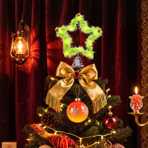 Christmas Fuzzy Grinch Star Tree Topper Holiday Festive Creative Grinch Decoration Christmas Party H