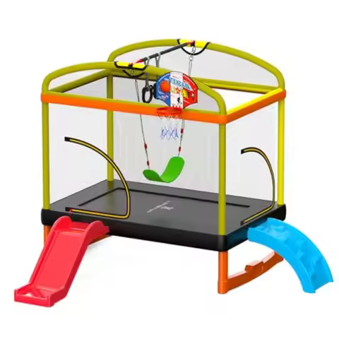 6.5ft Climb Slide Swing 7in1 Mini Rectangular Trampoline for Birthday Gift for Girls and Boys Indoor