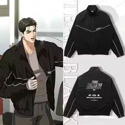 Korean Manhwa Jinx Team Black Windbreaker Jacket Men Women Sports Coat Loose Track Activewear Joo Ja