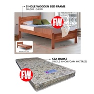 Single Wooden Bed Frame + Sea Horse Single 4 inch Foam Mattress Seahorse Mattress (Bedframe Assembly Included)