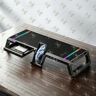 電腦顯示器增高架【折疊式設計|4個USB接口|帶手機支架|RGB燈光】桌面收納置物架 屏幕筆記本支架 手機平板支架 輕便電腦桌 辦公桌工作枱 鍵盤收納架 多功能增高底座（黑色） - HD5275-BK